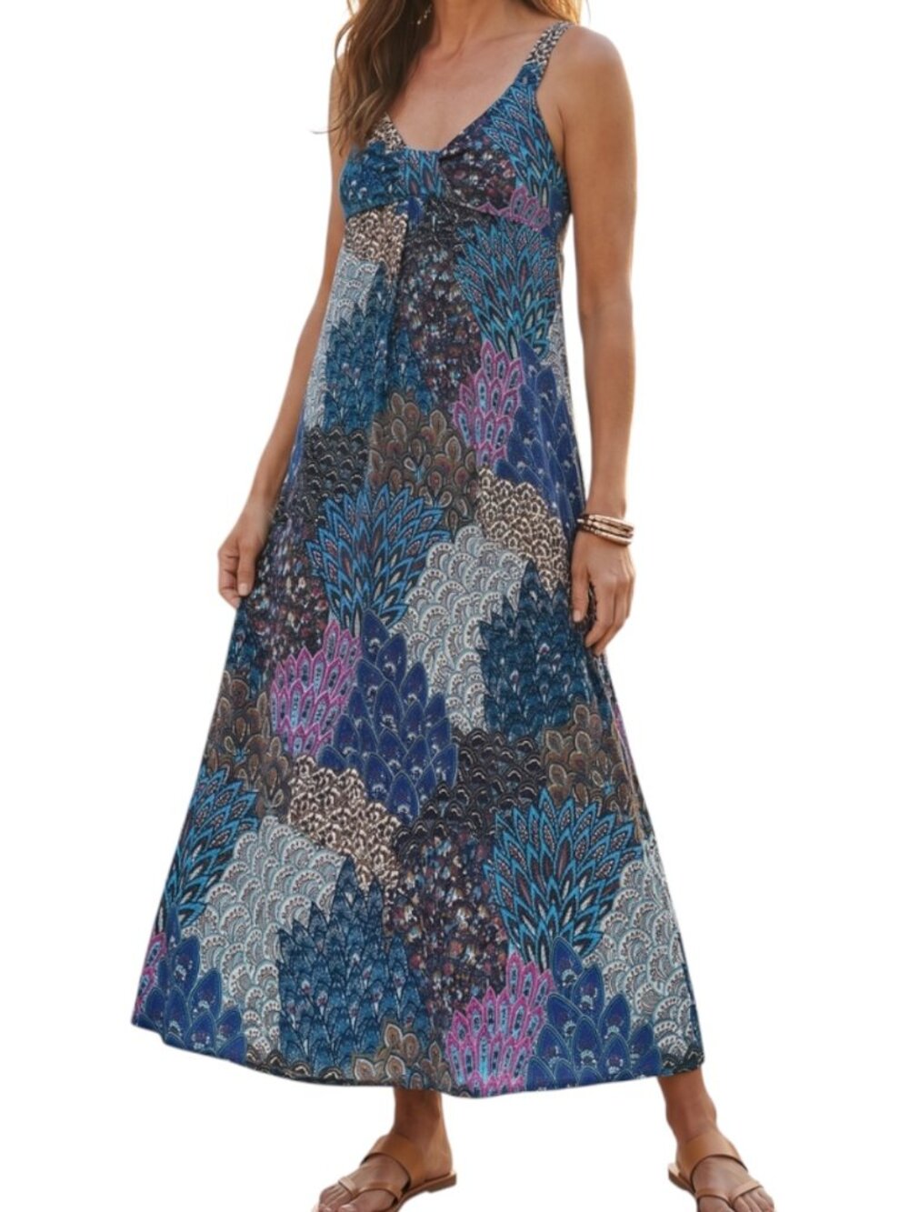 Raindrops By Papillon Peacock Feather Print Maxi Dress Halter Neck Blue Boho XL